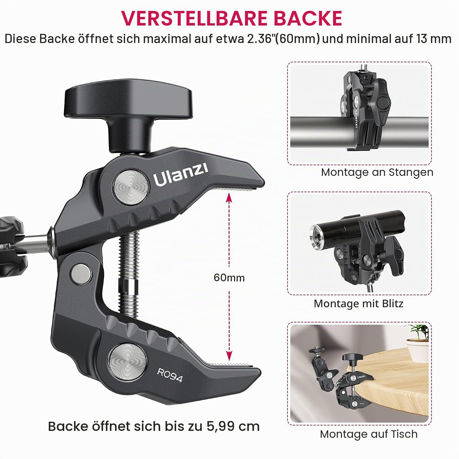 ULANZI R094 Super Clamp Crab mit 360° Doppelkugelkopf – Universelle Klemmhalterung für Kameras, LED-Videoleuchten & Stabilisierungssysteme (Ronin-M/MX, MOVI)