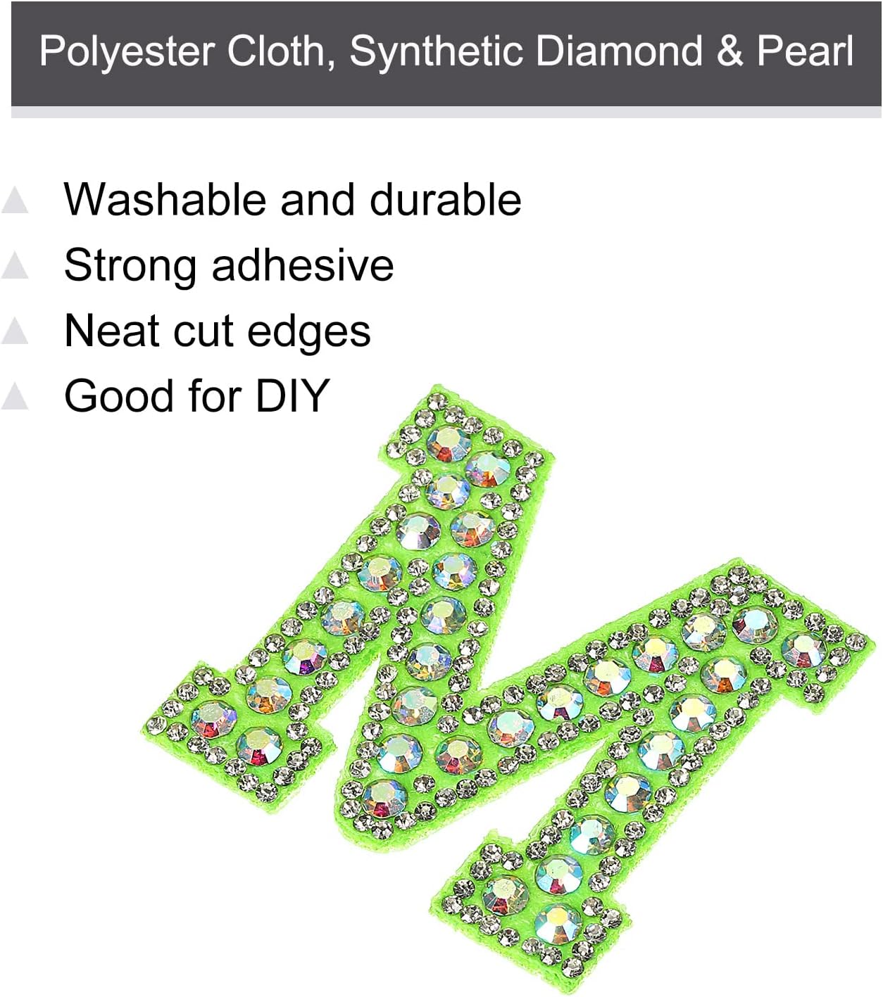 MECCANIXITY Iron on Patch Decorative A-Z Green Glitter Alphabet Applique Rhinestone English Letter for DIY Clothes Repair Hats Bags Pack of 26