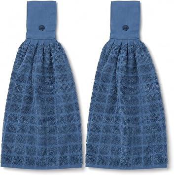 Gingham Buffalo Check Hanging Kitchen Towels Blue Cotton Terrycloth Set of 2 Hand Dish Cloth with Button Accent 9x17 Inches Hand Towel Absorbent, Super Soft, and Fast Drying Home Essential