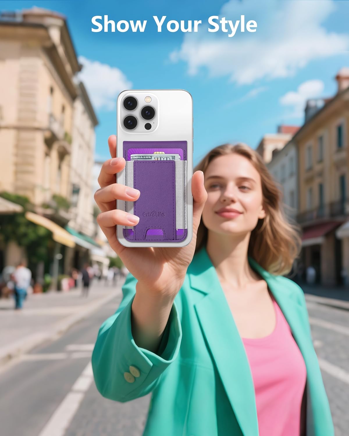 Phone Wallet Stick On, Upgraded Phone Wallet with Adjustable Stand, Open ID Window, 8-Card Holder, Stronger 3M Adhesive Credit Card Holder for Back of Phone Case, iPhone, Samsung and Android, Purple