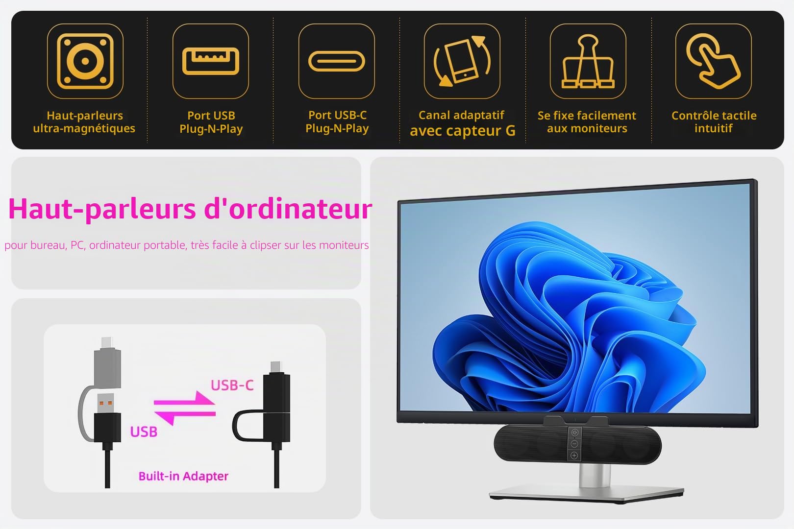 Haut-parleurs d'ordinateur pour moniteur de PC de bureau, prise USB, filaire, barre de son pour PC, haut-parleurs d'ordinateur portable avec commutation adaptative des canaux, son fort, basses