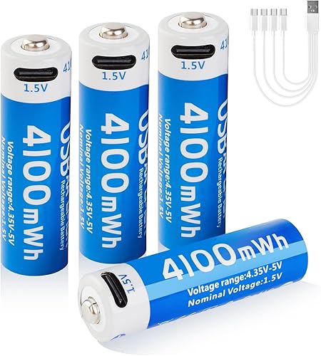 Paquete de 4 pilas AA de litio recargables de 4100 mWh, baterías de iones de litio de 1.5 V USB doble A, tamaño AA, larga duración, 1200 ciclos,