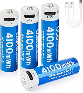 4100mWh Rechargeable Lithium AA Batteries 4 Pack, 1.5V USB Double A Lithium-ion Batteries AA Size, Long Lasting 1200 Cycles, High Capacity Battery for Toys, Flashlight, Smart Door Lock
