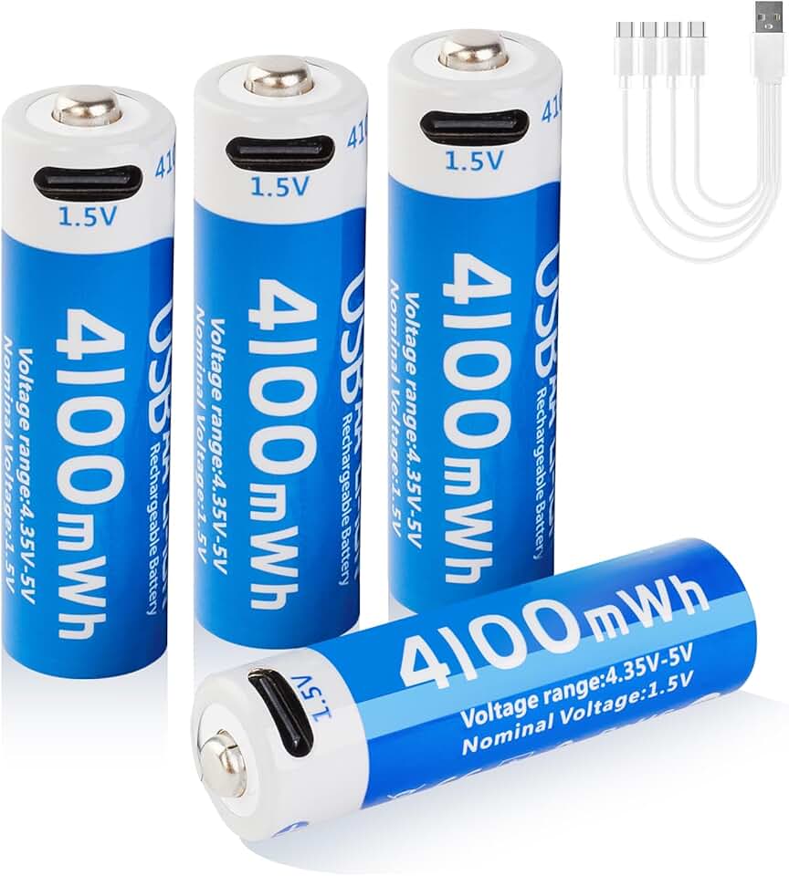 4100mWh Rechargeable Lithium AA Batteries 4 Pack, 1.5V USB Double A Lithium-ion Batteries AA Size, Long Lasting 1200 Cycles, High Capacity Battery for Toys, Flashlight, Smart Door Lock