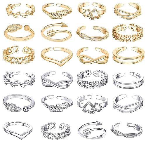 MAGIDOVE 24PCS Adjustable Toe Rings for Women Open Toe Ring Knot Toe Ring Summer Beach Foot Jewelry (gold & silver)