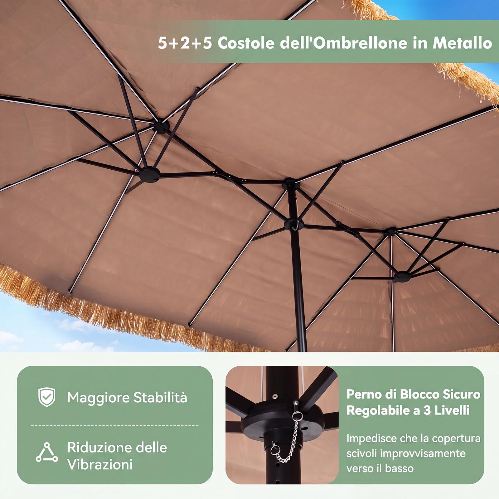 COSTWAY Ombrellone da Giardino in Paglia 450 x 270 cm, con 12 Stecche | Manovella, Antivento, Pieghevole Portatile, Ombrellone Hawaiano per Giardino, Cortile e Piscina