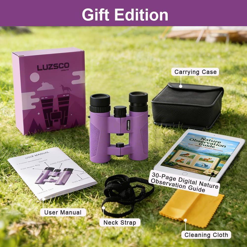 Binoculars for Kids 8-12, 10x25 Kids Binoculars for Nature Exploration, HD Childrens Binocular for Bird Watching, Hiking, Camping, Outdoor Adventure - Purple