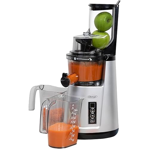 Omega Wide Mouth Juicer Compact Vertical Cold Press Vegetable and Fruit Juice Extractor with 3-Inch Hopper 2-Speed Slow Juicing with Space Saving Design, 120-Watts, Black