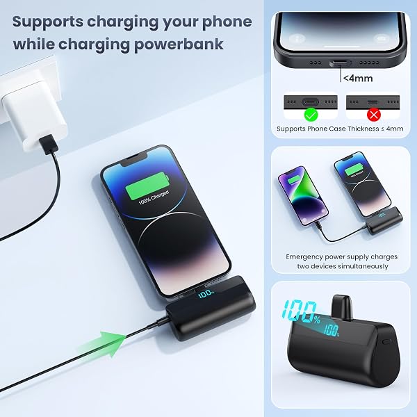 Mini Batterie Externe pour iPhone 5200mAh, Améliorée 20W PD 3.0A Charge Rapide Power Bank, Compact Léger Chargeur Portable avec Écran LCD Batterie Portable Compatible avec iPhone 14/13/12/11 (Schwarz) - 3