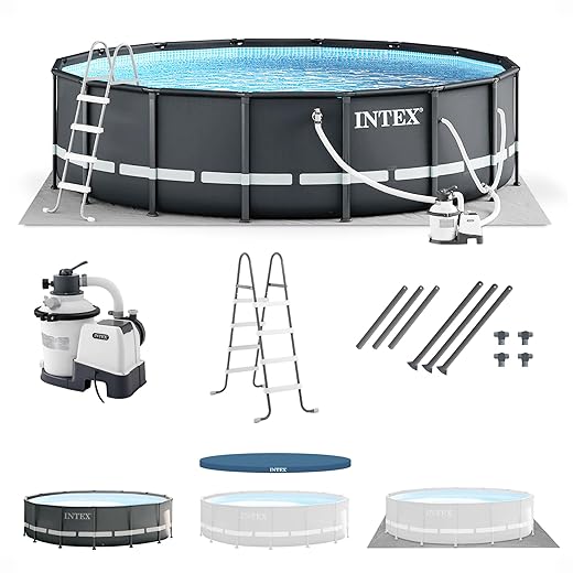 Intex Ultra XTR Frame 14' x 42" Round Above Ground Outdoor Swimming Pool Set with Sand Filter Pump, Ladder, Ground Cloth, and Pool Cover