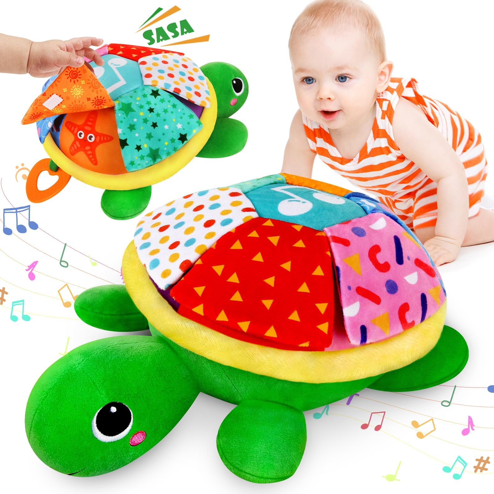 KMUYSL Baby Toys 0 to 12 Months, Musical Stuffed Animal Toys for 0-6 6-12 Months, Plush Sensory Turtle Toys with Crinkle, Infant Tummy Time Toys for Newborn, Birthday for Boys Girls, Green