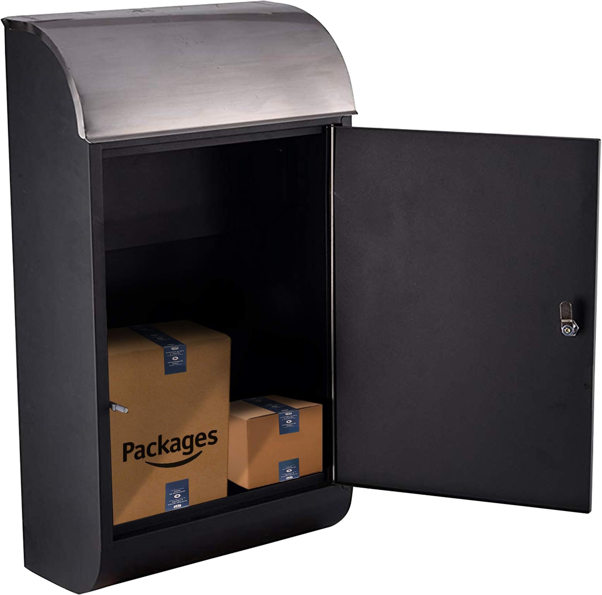 30" Package Box - Huge Locking Modern Mailbox for Large Parcels - Vertical Wall Mount or Freestanding Drop Box Locker - Rust & Weather Proof with Stainless Steel Hood - 2 Spare Keys (Matte)