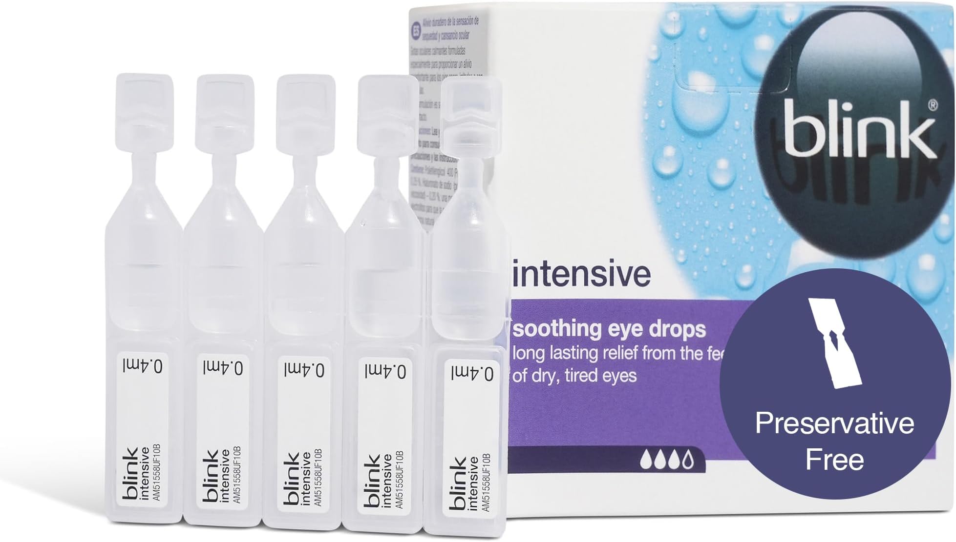 Intensive Soothing Eye Drops, Relief From Dry Eyes - Long-Lasting Lubricating Eye Drops with Hyaluronic Acid, Suitable for Use with Contact Lenses, Refreshing Single Vials, 20 x 0.4 ml