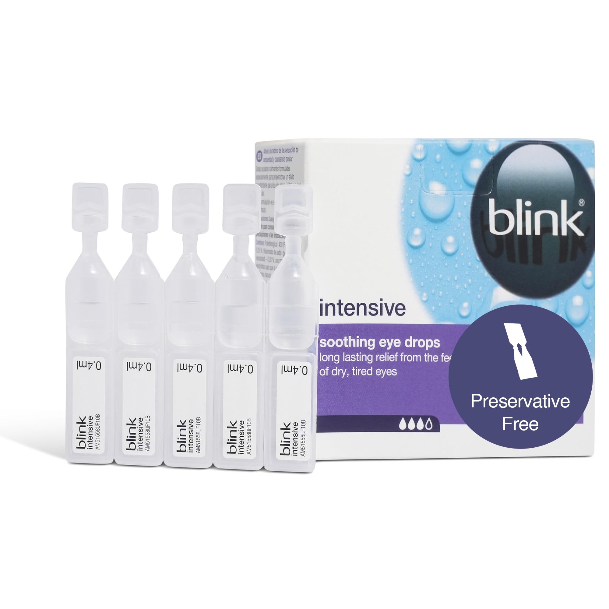 Blink Intensive Soothing Eye Drops, Relief From Dry Eyes - Long-Lasting Lubricating Eye Drops with Hyaluronic Acid, Suitable for Use with Contact Lenses, Refreshing Single Vials, 20 x 0.4 ml