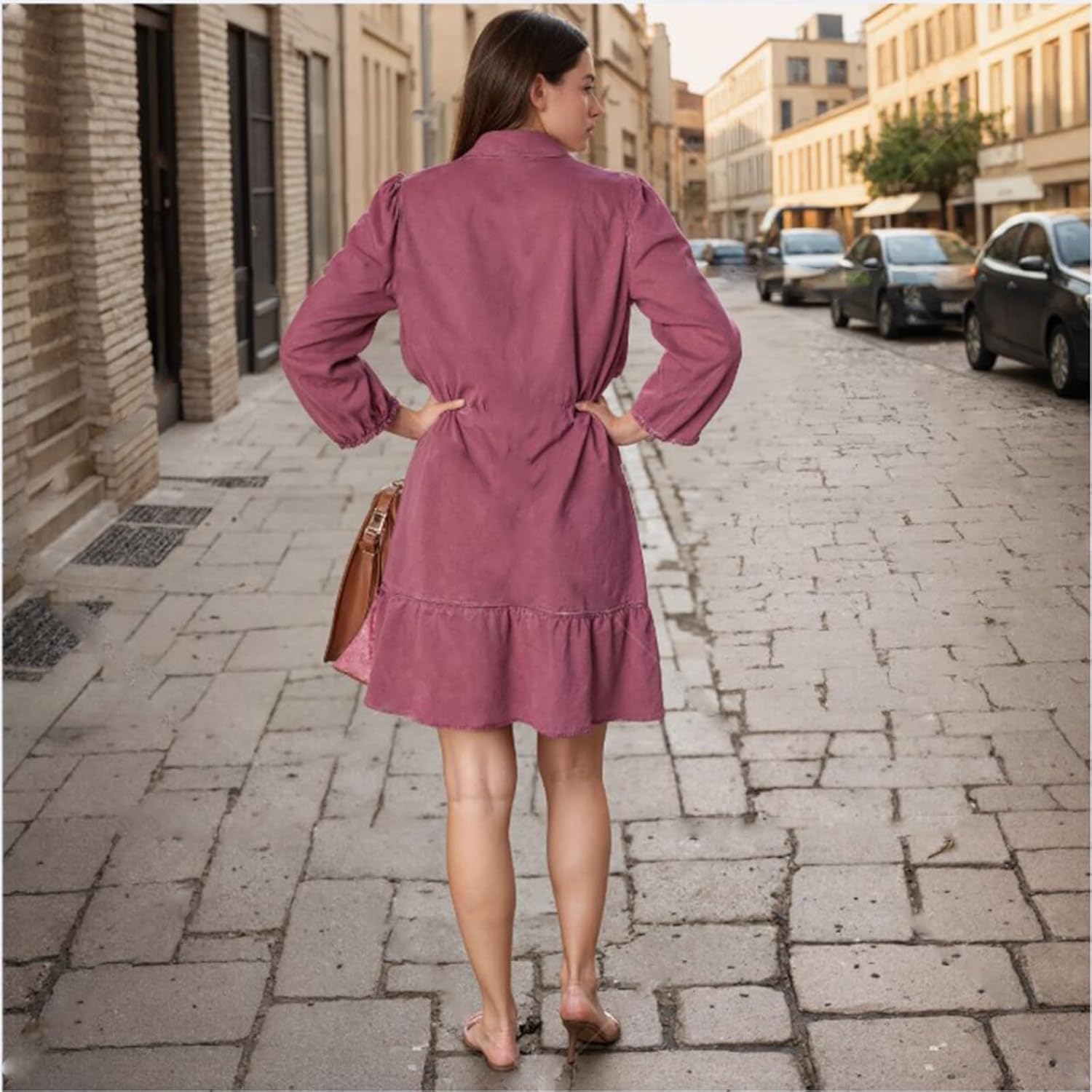 Vestido Vaquero con Capas, Cuello en V y Mangas abullonadas para Mujer, Vestidos Vaqueros con Volantes y Mangas 3/4, Vestido Vaquero Camisero Holgado de Verano con Bolsillos. (Dark Pink,L)