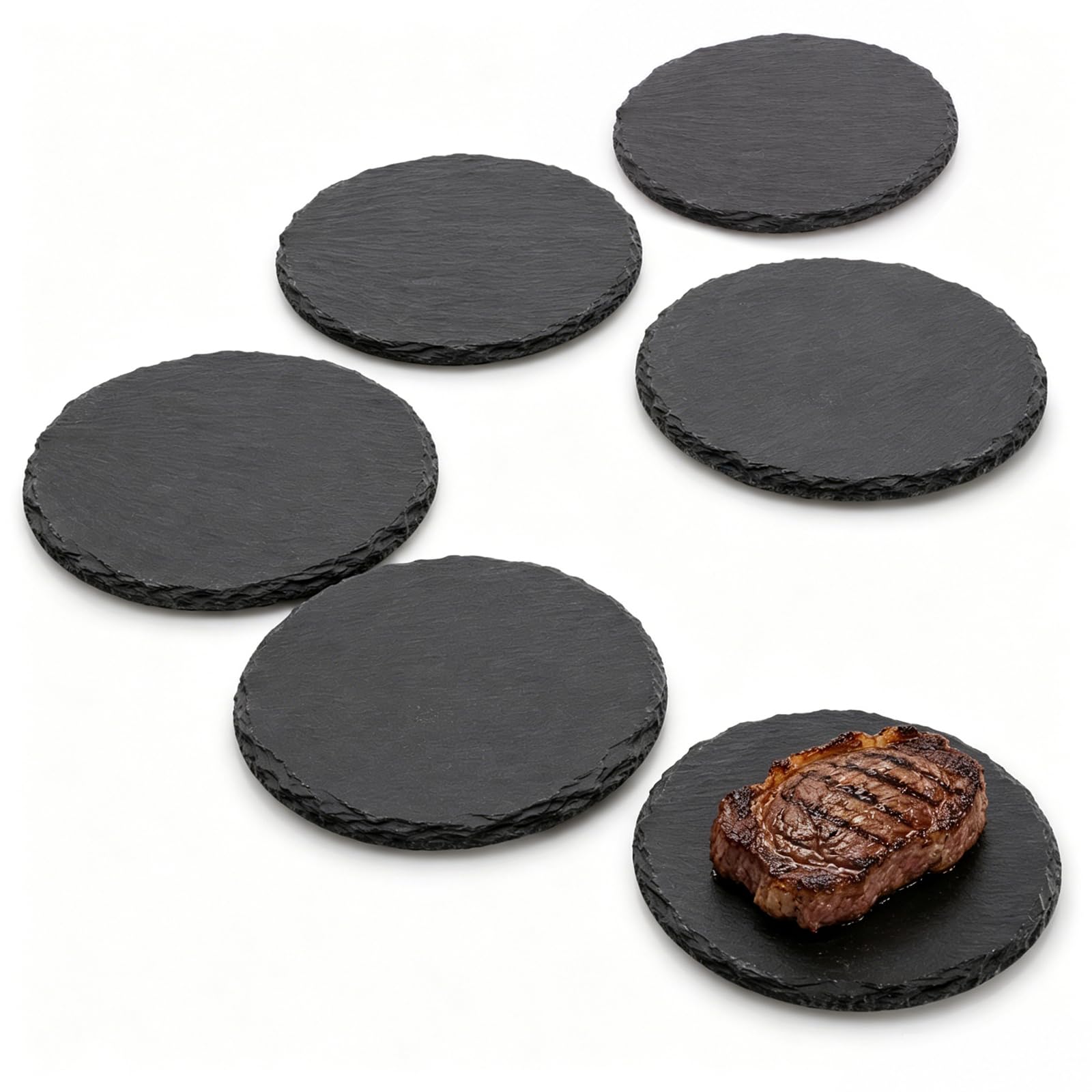 6 piatti in ardesia rotondi, 15 x 15 cm, piccoli, antiscivolo, per servire e scrivere, piatti per buffet, sushi e formaggio