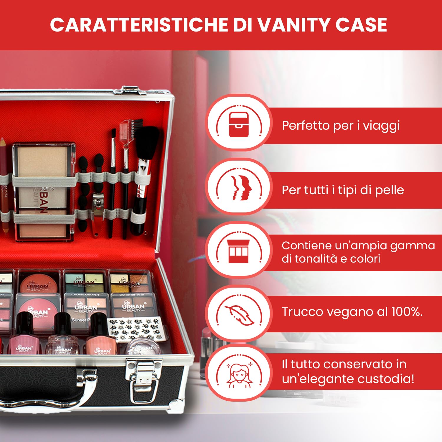 LOVE URBAN BEAUTY Divine Beauty Set Trucchi Vegan con French Manicure - Cofanetto Make Up 76 Pezzi con Ombretti, Illuminante, Rossetti, Blush, Pennelli e Accessori Manicure - Vanity Beauty Case