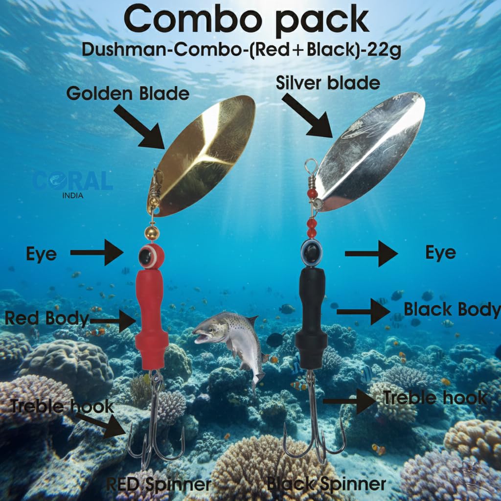 Coral India Dushman-Combo Fishing Spinner Lure | Red & Black Body with Gold & Silver Blade | 22g Brass Body Spinner Baits | Treble Hook Set | Best for Freshwater & Saltwater Fishing (Combo Pack) 1