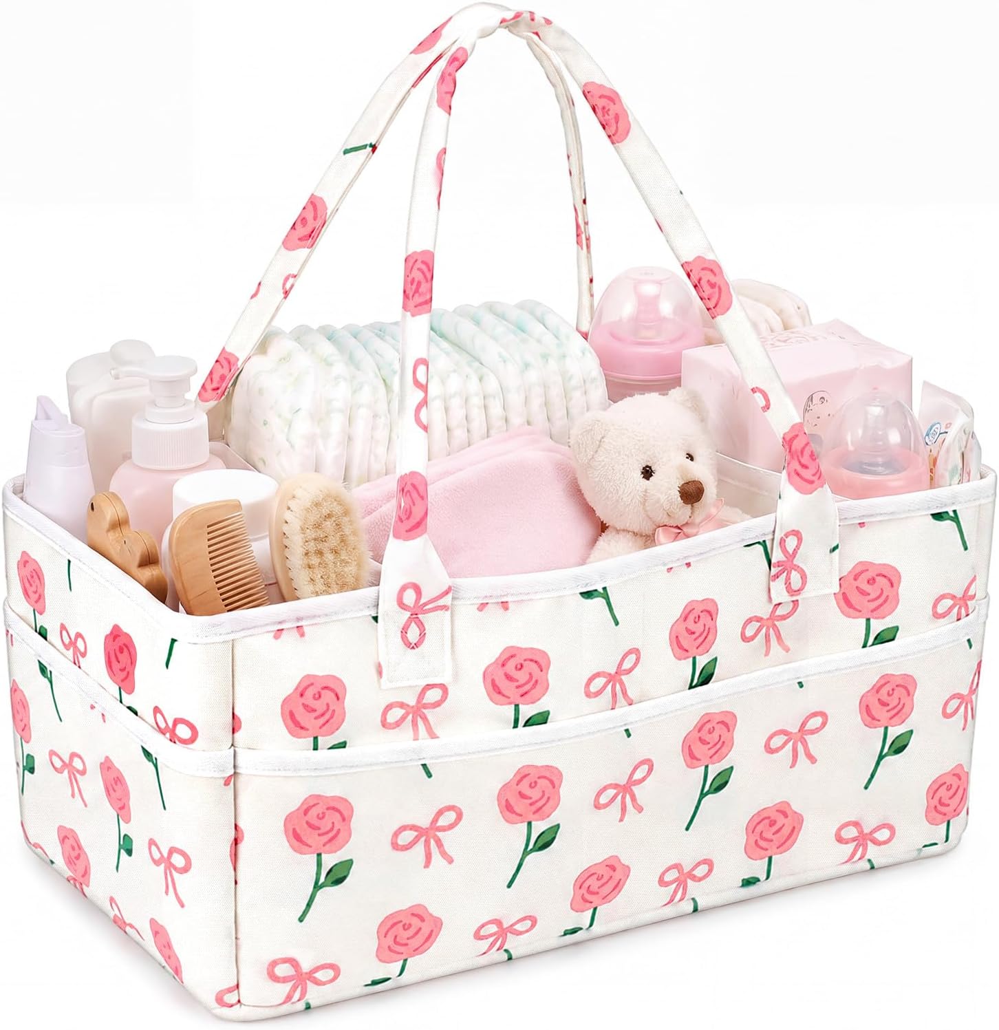 Pink Bow Diaper Caddy Organizer with Handle for Baby Girl Caddy Basket