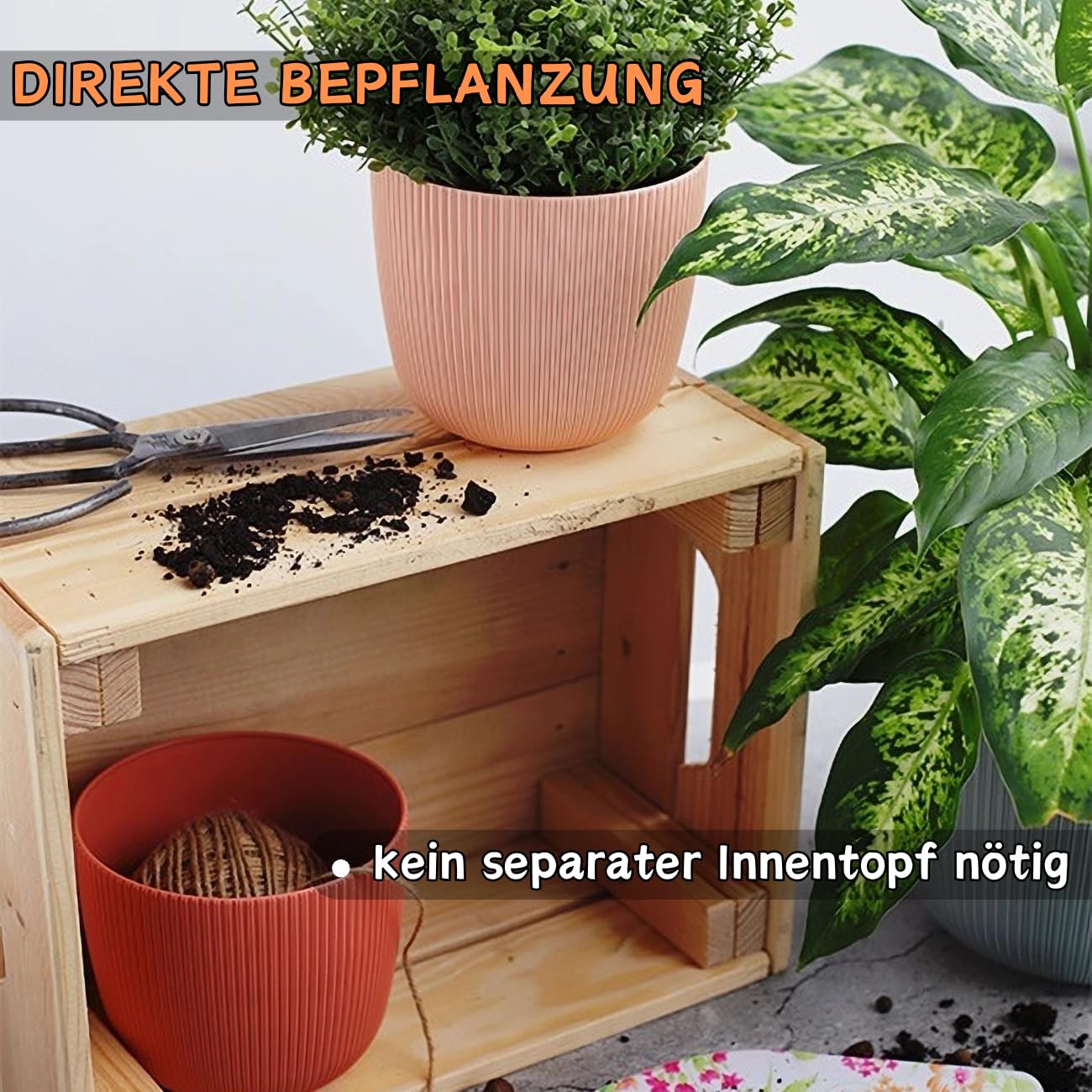 3 x Blumentopf mit Drainagesystem, Moos-Grün, Rillenoptik, Pflanz-Topf, Kübel, modern, widerstandsfähig, rund, wetterfest, Kunststoff, Ø 29 cm, 13 Liter