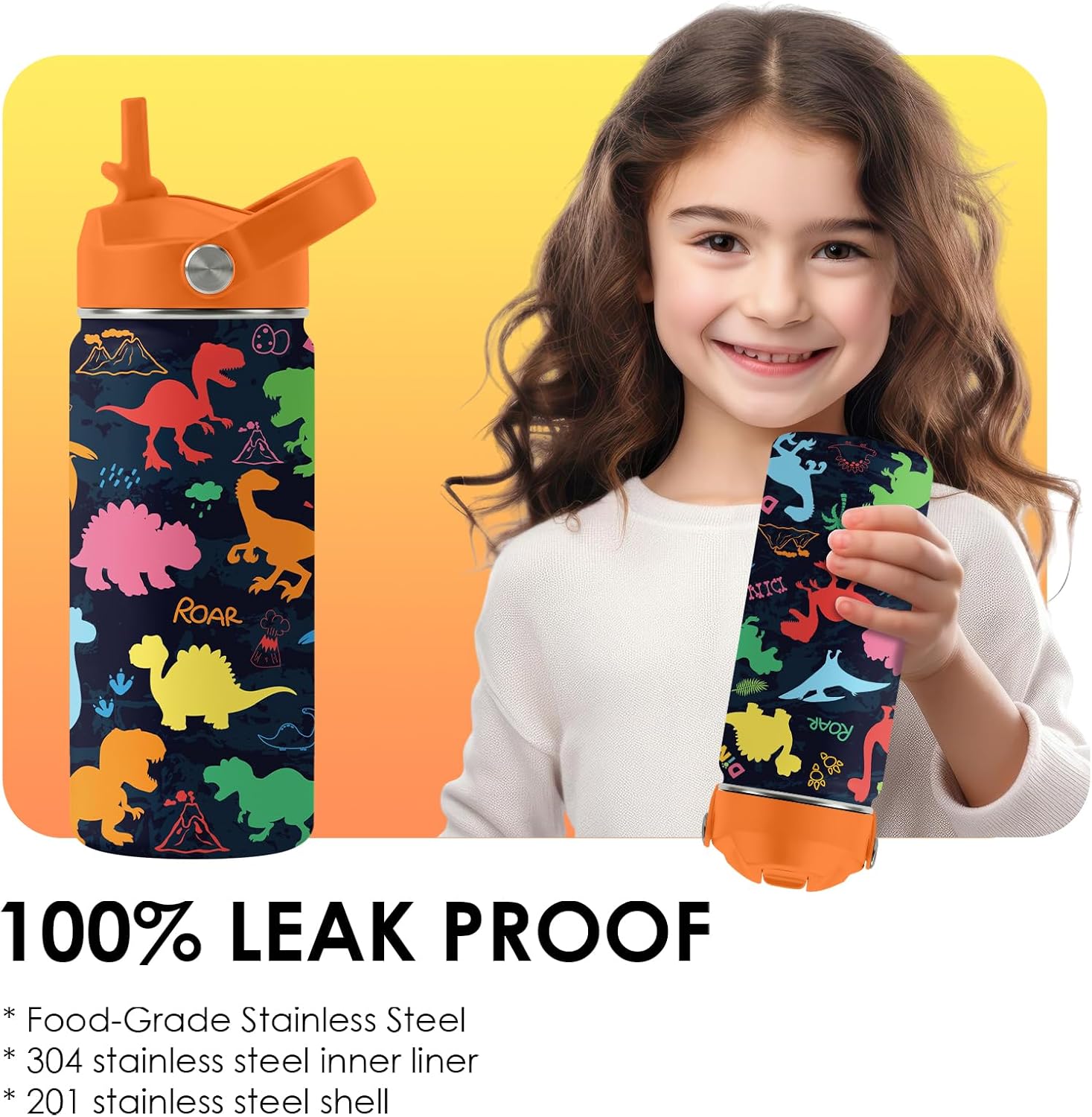 Dinosaur Gifts for Kids - 16oz Colorful Dino Water Bottle with Straw Lid, Stainless Steel Insulated Tumbler, Leakproof, BPA-Free, for Boys & Girls, School, Travel - Dino Lovers Birthday Gift Cup (1pc)