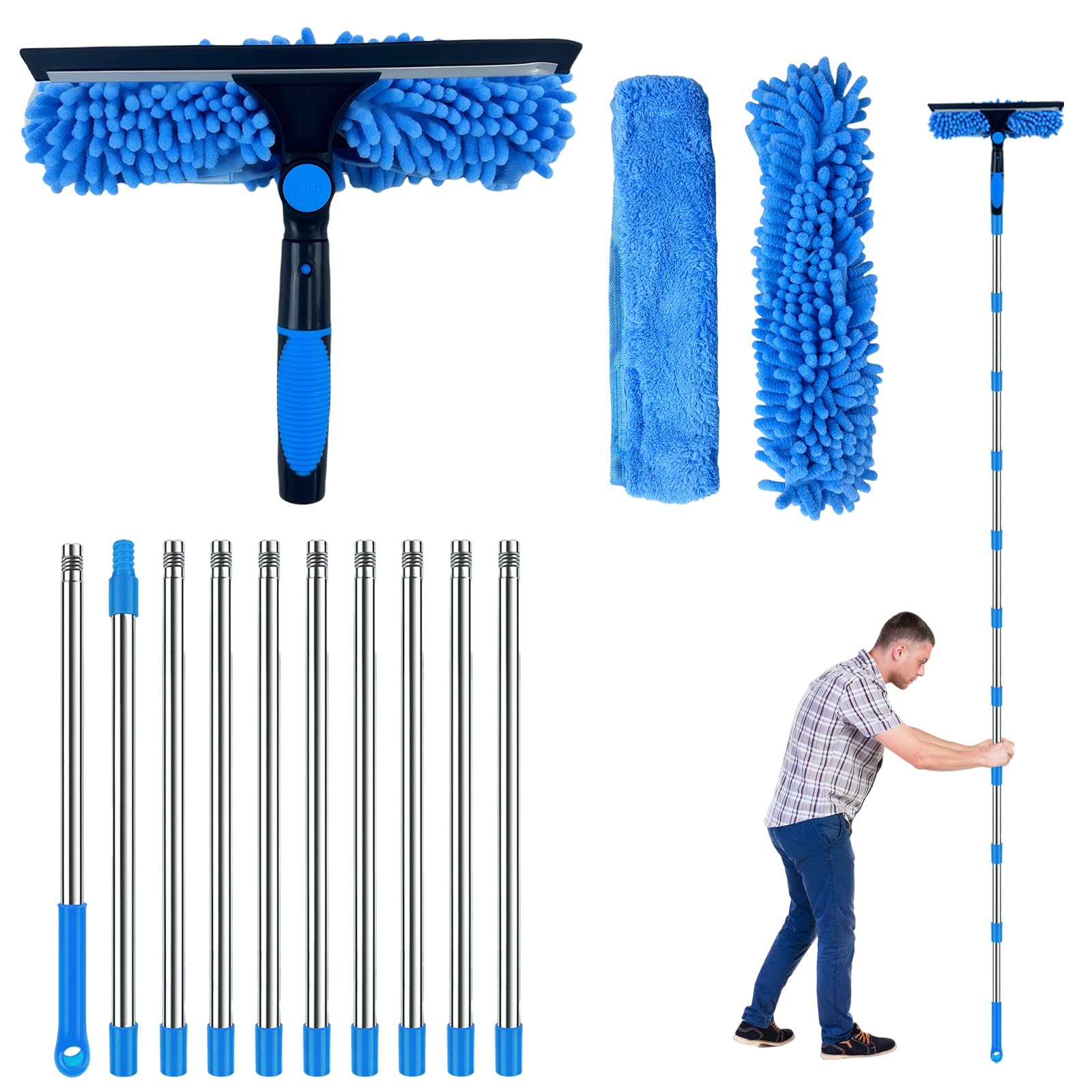 Kit de limpieza de ventanas extensible de 450 cm, limpiador profesional de cristales con paños de microfibra y chenilla, mango telescópico, limpiador de ventanas sin rayas