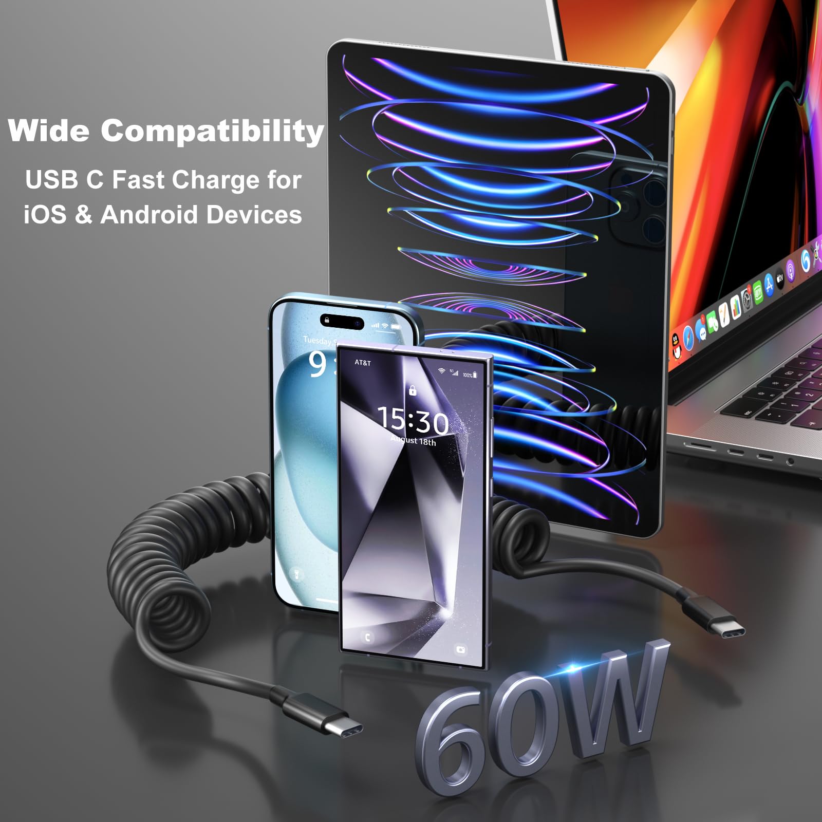 OKRAY Cable USB C en espiral para coche, paquete de 2 unidades de 5 pies USB-C a USB-C de 60 W, cable de carga rápida tipo C, cable de carga retráctil para coche, compatible con teléfono 15 Pro Max/15
