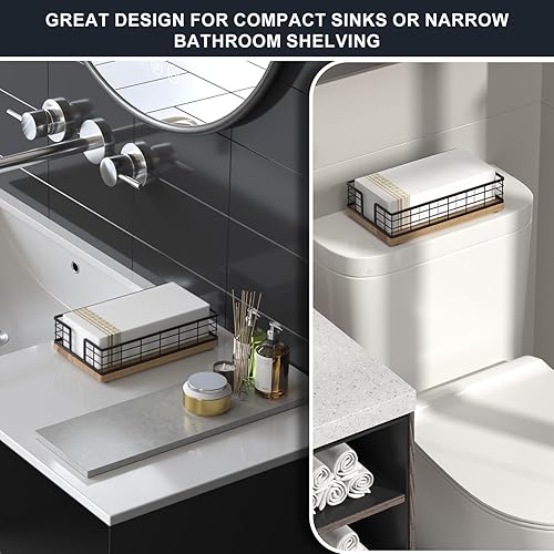 Vista 14 de Wican Bandeja para toallas de invitados para baño, soporte de servilletas de roble y hierro para tocador, mesa de comedor, cesta de madera