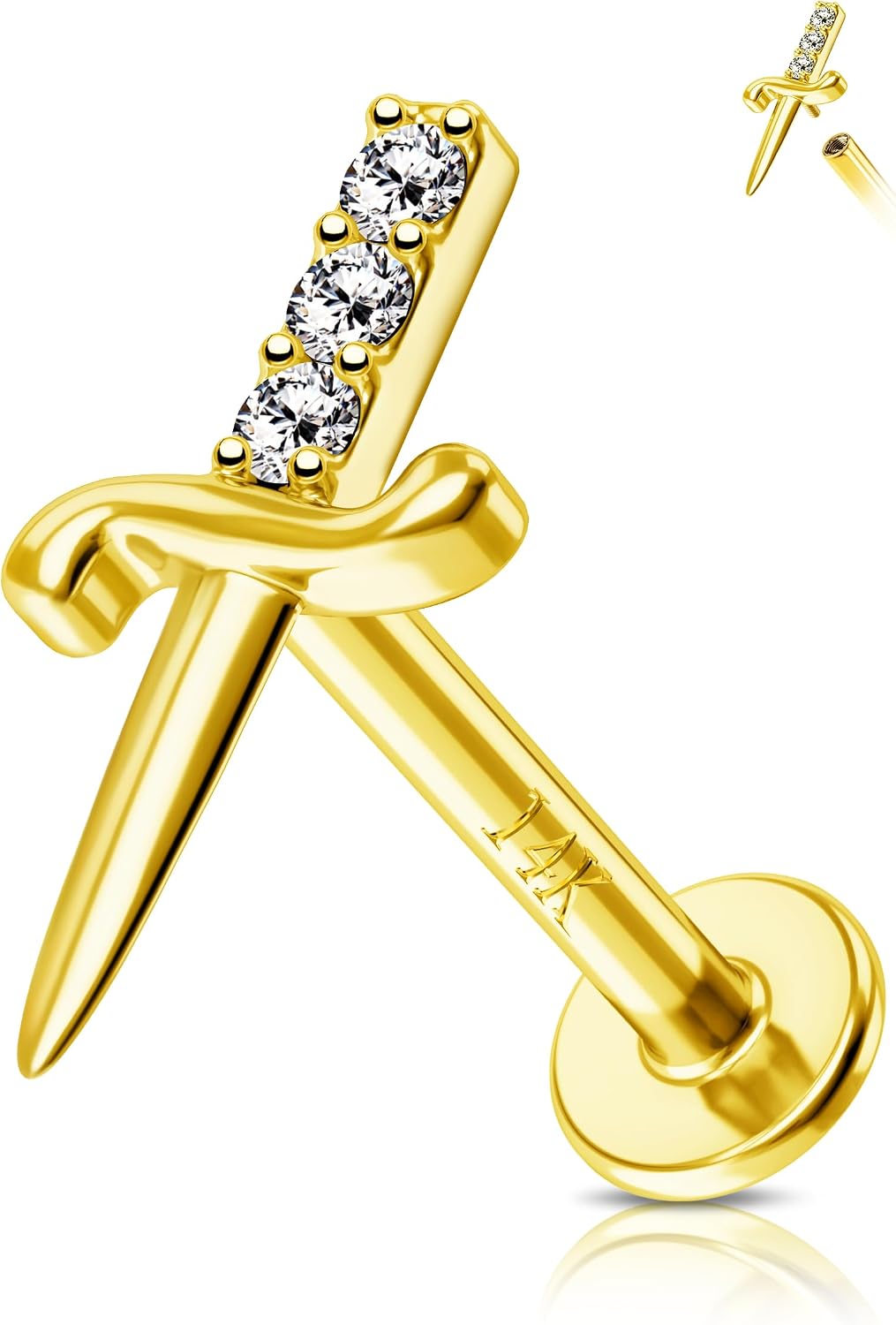 Jewseen 14K Real Solid Gold Flat Back Stud Earring 16G 8mm Internally Threaded Fine Piercing Jewelry for Helix Tragus Lobe Lip