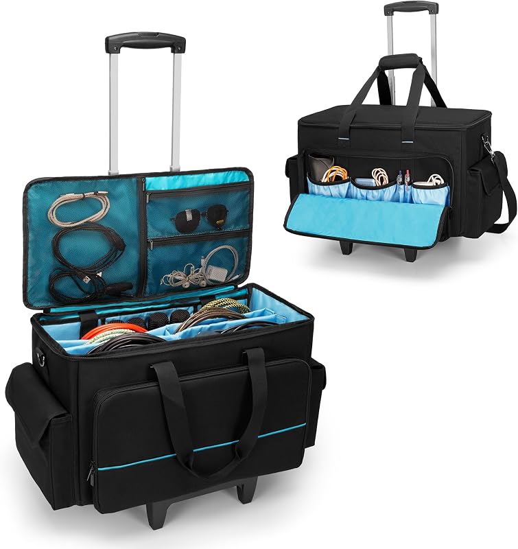 HODRANT Bolsa grande para cables de DJ con ruedas y divisor y carro desmontable | Bolsa acolchada para equipo de música con múltiples bolsillos para computadora portátil de 15,6", equipo de DJ, instrumento musical, almacenamiento de equipo de sonido