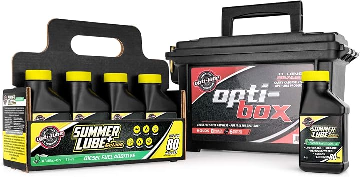 Opti-Lube Summer+ Cetane Booster Diesel Additive, 4 oz + Opti-Box, 8-Pack | Low-cost warm-weather formula with deposit control, lubricity and fuel-system protection