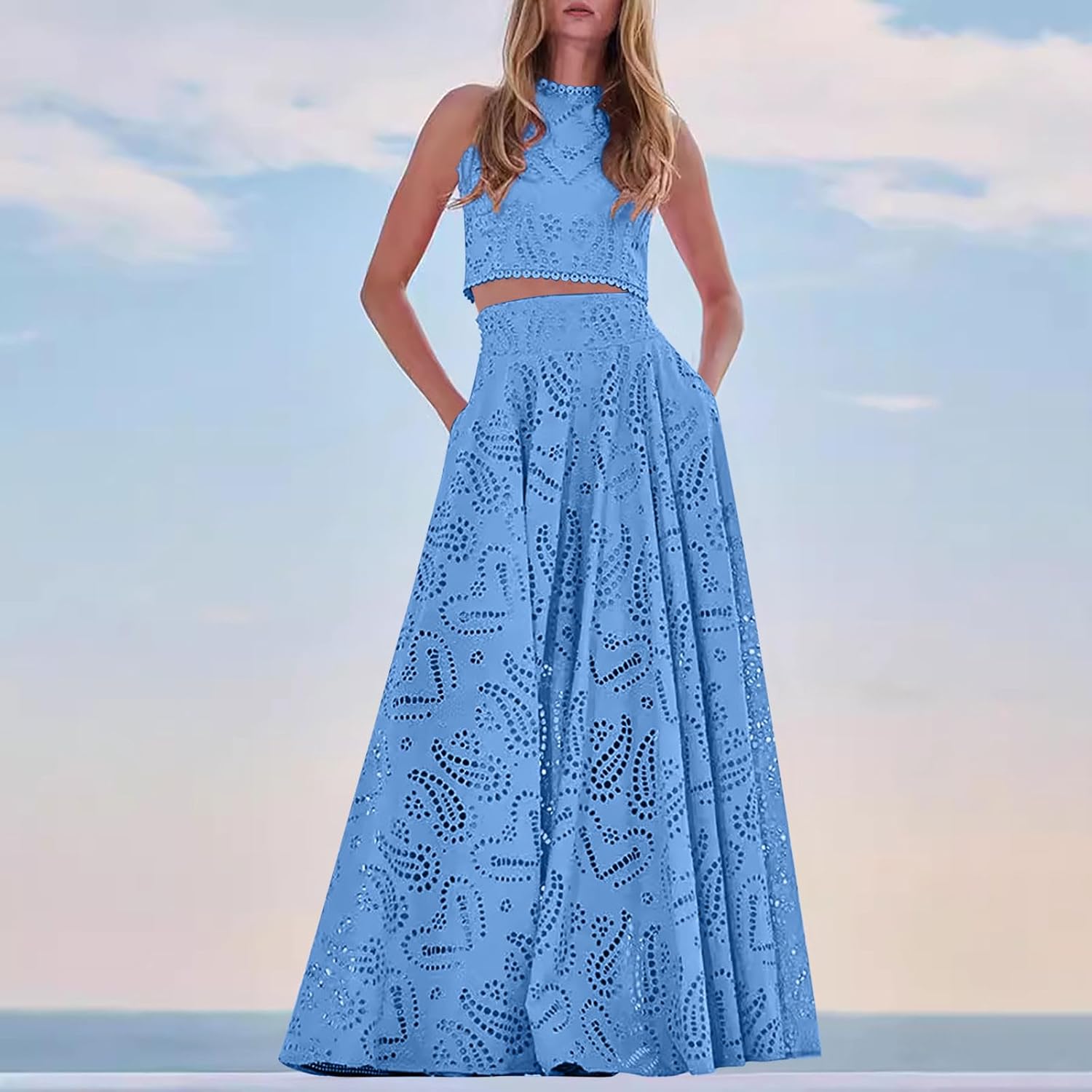 Women's Lace Eyelet 2 Piece Skirt Set Sleeveless Crop Tops Boho Embroidery Flowy Swing Party Clubwear Long Skirt Set