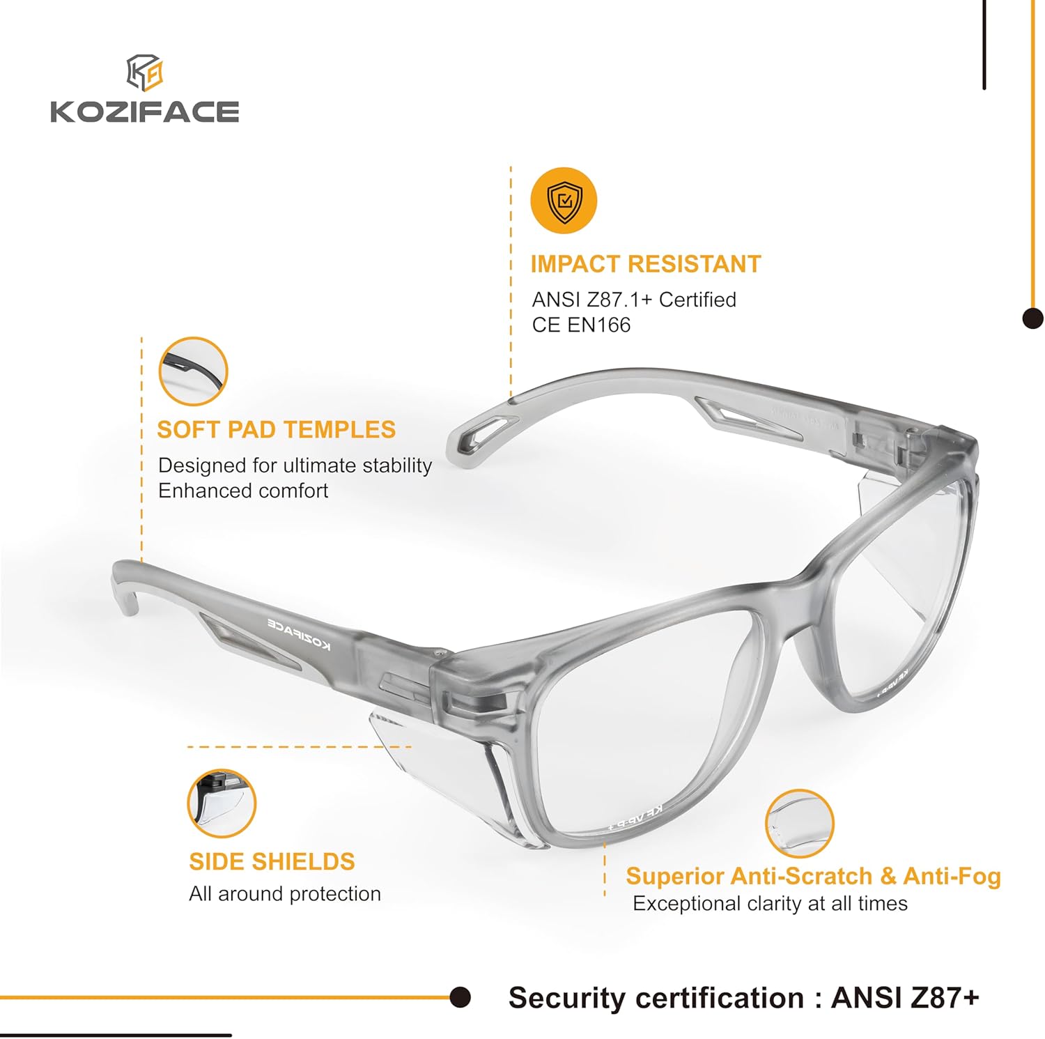 KOZIFACE E52 Anti-Fog Safety Glasses, ANSI Z87.1 Eye Protection with Side Shields, Clear Lens, Lightweight for Work, Lab DIY - Image 2