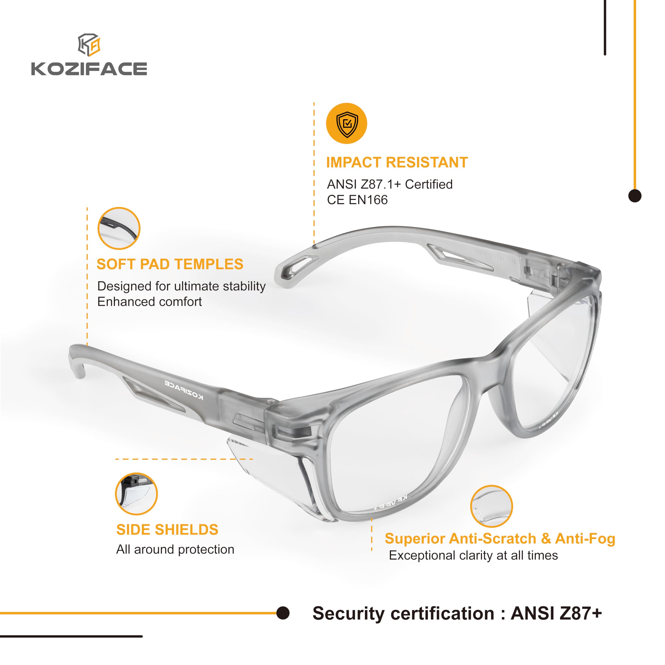 Koziface E52G - Occhiali di sicurezza per uomo e donna, eleganti occhiali protettivi da lavoro, anti-appannamento, con protezioni laterali, lenti trasparenti, antiscivolo, certificazione ANSI Z87.1