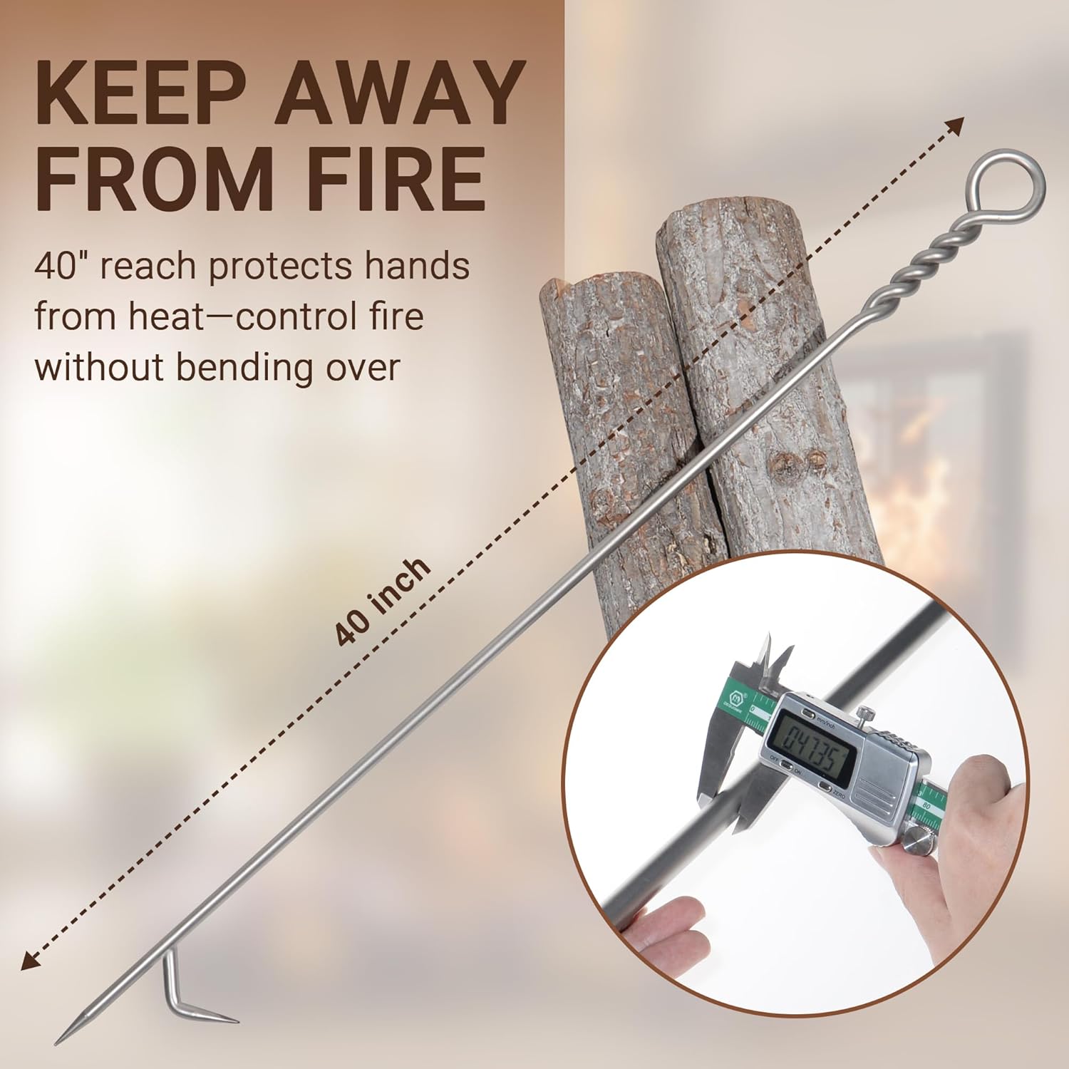 40'' Fire Poker for Fire Pit, 316 Stainless Steel Heavy Duty Fire Pit Poker, Twisted Rope Design Fireplace Poker, One-Piece Fire Pit Tools for Outdoor Bonfire and Indoor Wood Stove