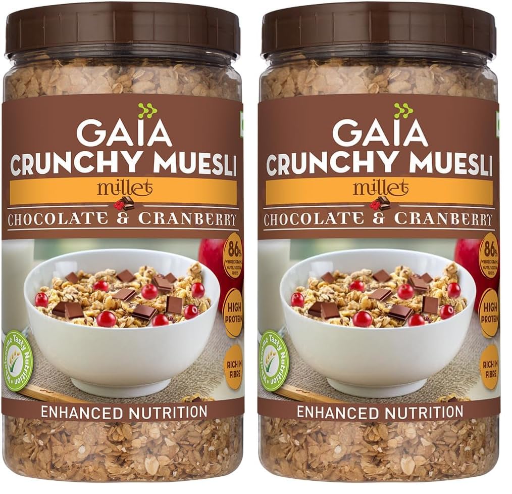 Gaia Crunchy Millet Muesli | Chocolate & Cranberry | Source of Protein | High in Dietary Fibre | Zero Trans-Fat | Zero Cholesterol | For Weight Loss 1kg (Pack of 2)-image-12