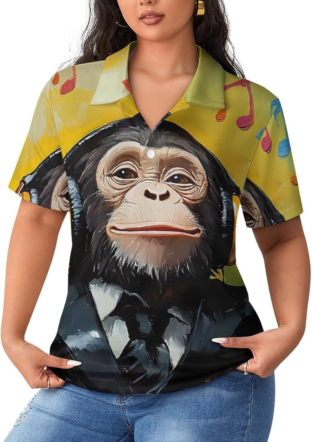 Monkey Music with Headphones Womens Golf Polo Shirts Summer Short Sleeve Collared 3 Buttons T Shirt Activewear Tops