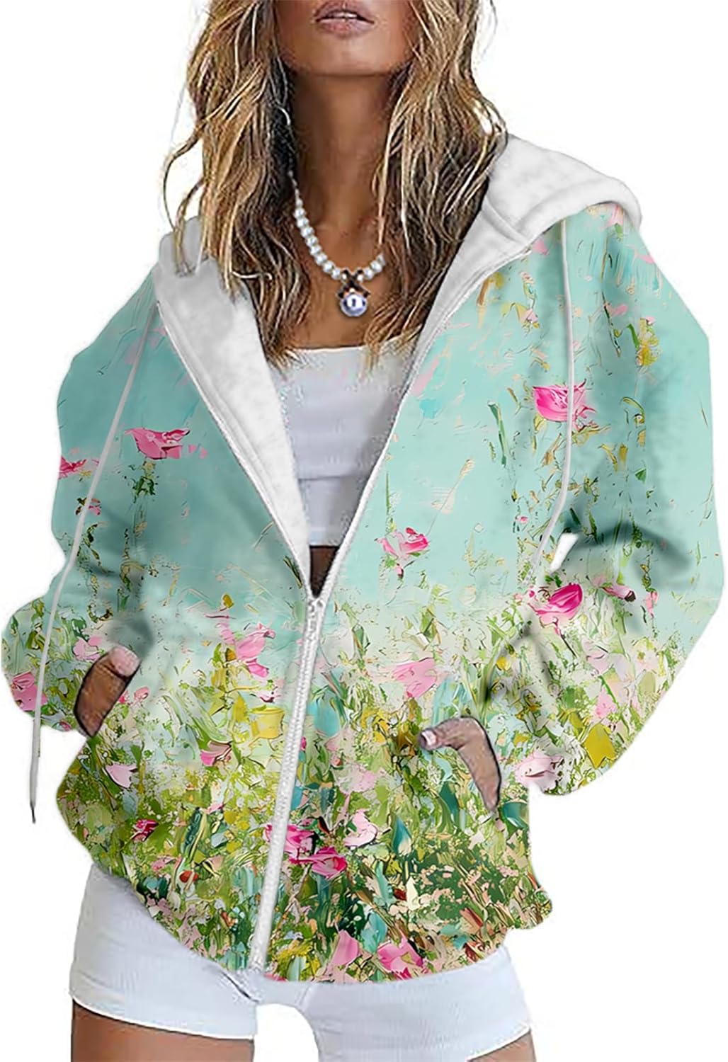 LOAIHA Womens Zip Up Hoodies Floral Print Jackets Long Sleeve Graphic Oversized Sweatshirts Girls Y2K Jacket with Pockets