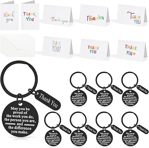Vista 13 de Yinkin Juego de 8 llaveros de agradecimiento con sobres, regalos de agradecimiento para compañeros de trabajo (plateado)