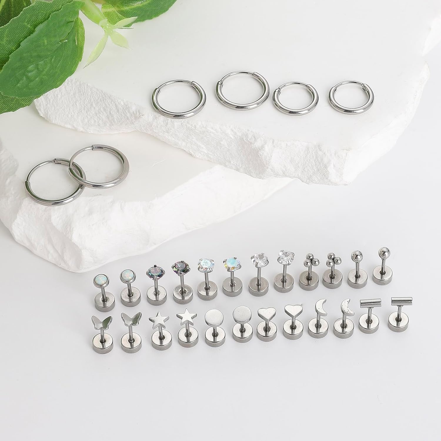 Cristina 15 Pairs Surgical Steel Earrings for Women Men Hypoallergenic Flat Back Earring Small Tiny Opal Ball Star CZ 20G Stud Hoop Earring Sets Flower Screw Back Cartilage Earring - Image 6