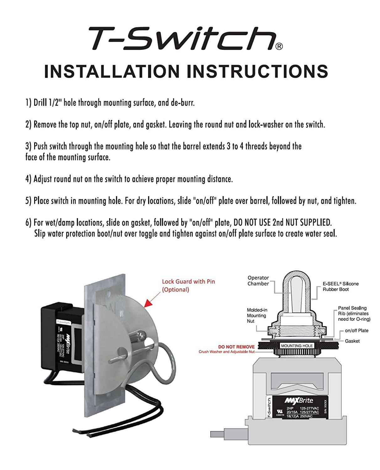 10 interruttori a levetta resistenti 20/15 A 125/277 V, 2 HP con avvio in gomma impermeabile certificato UL cUL