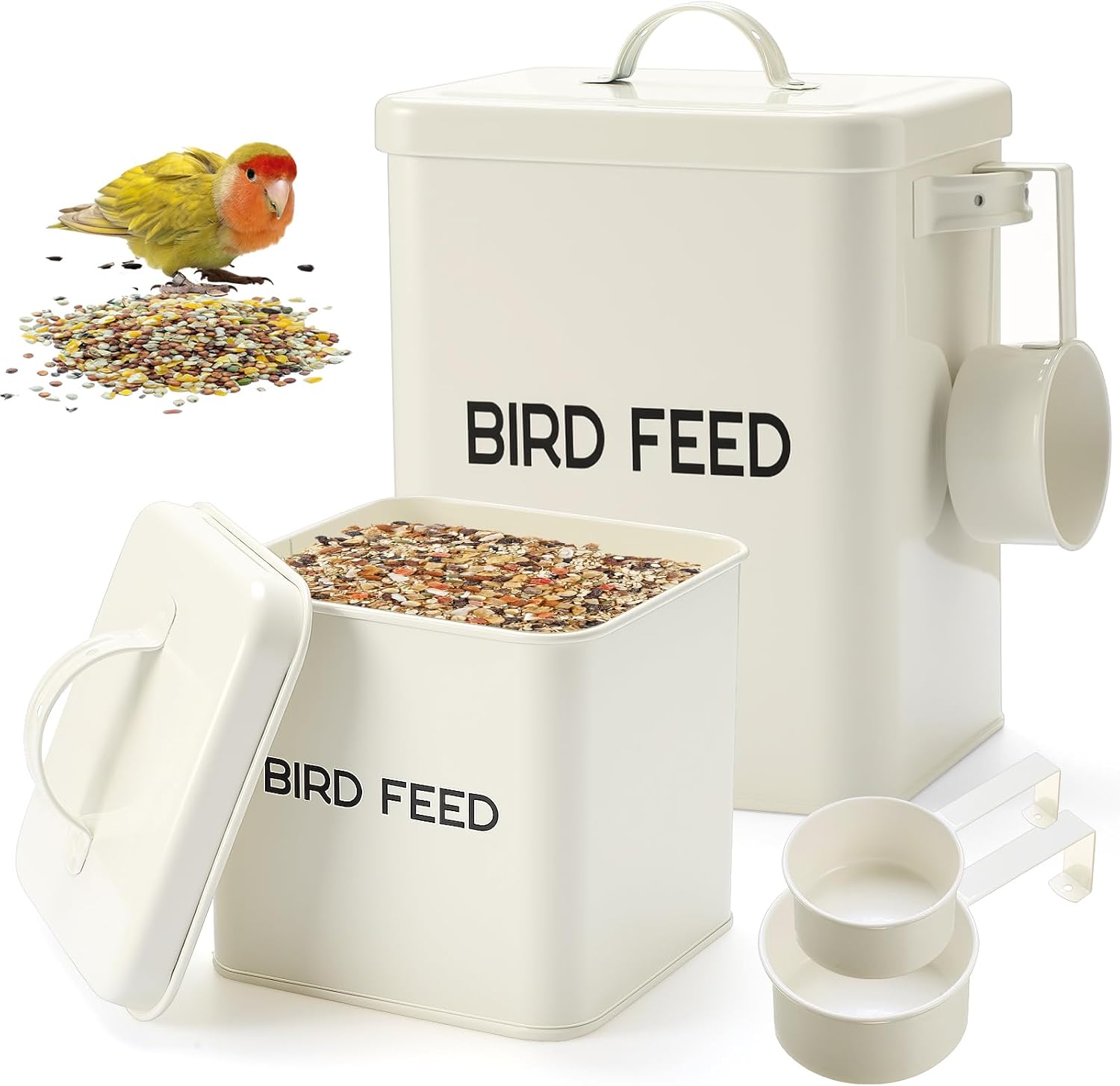 Reallnaive 2 Pcs Metal Bird Seed Container with Scoop,White
