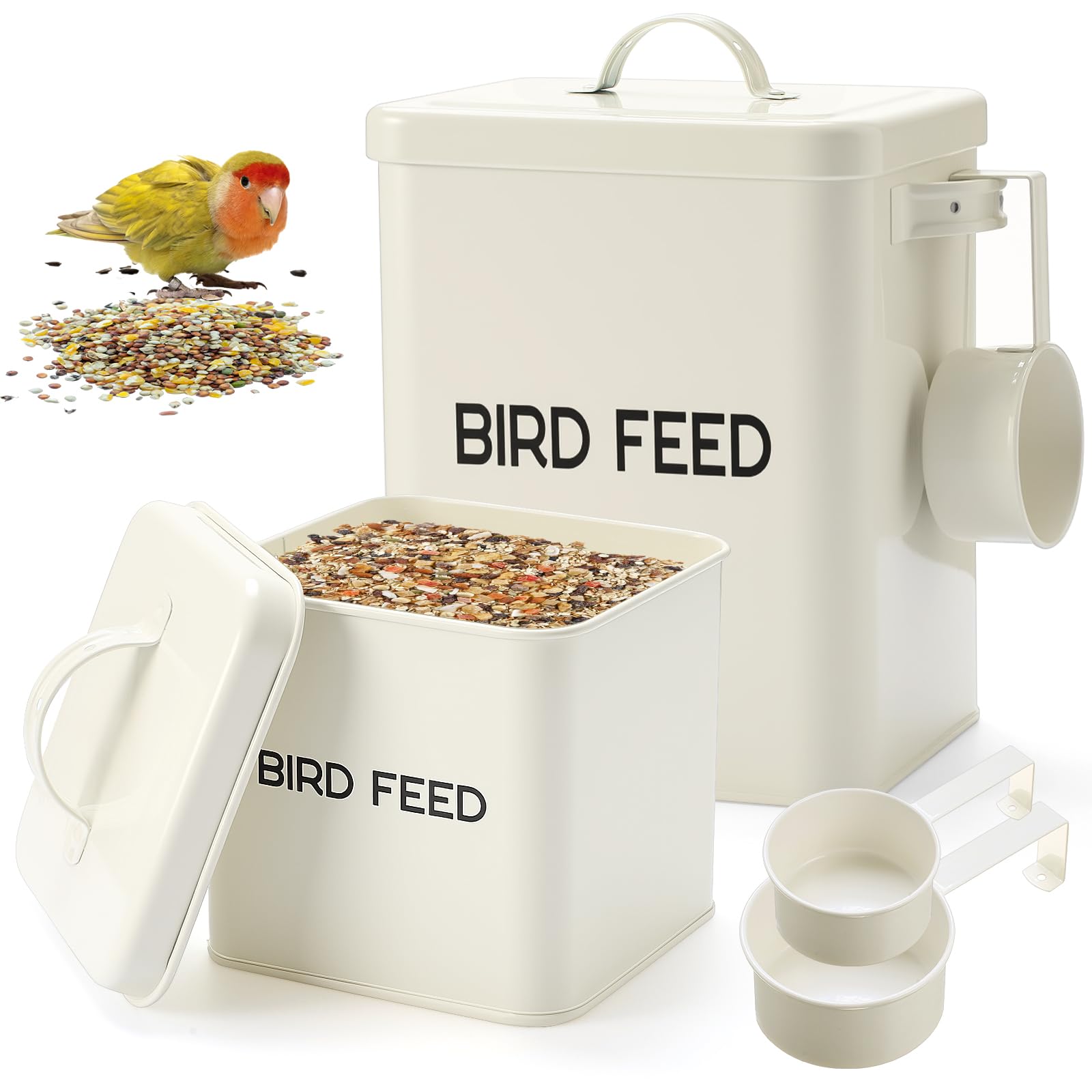 Reallnaive 2 Pcs Metal Bird Seed Container with Scoop,White