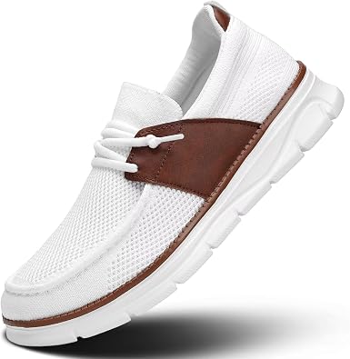 Mens Casual Slip in Boat Shoes Fashion Lightweight Slip On Loafers Walking Beach Sneakers Work Mesh Oxfords Soft Sole White