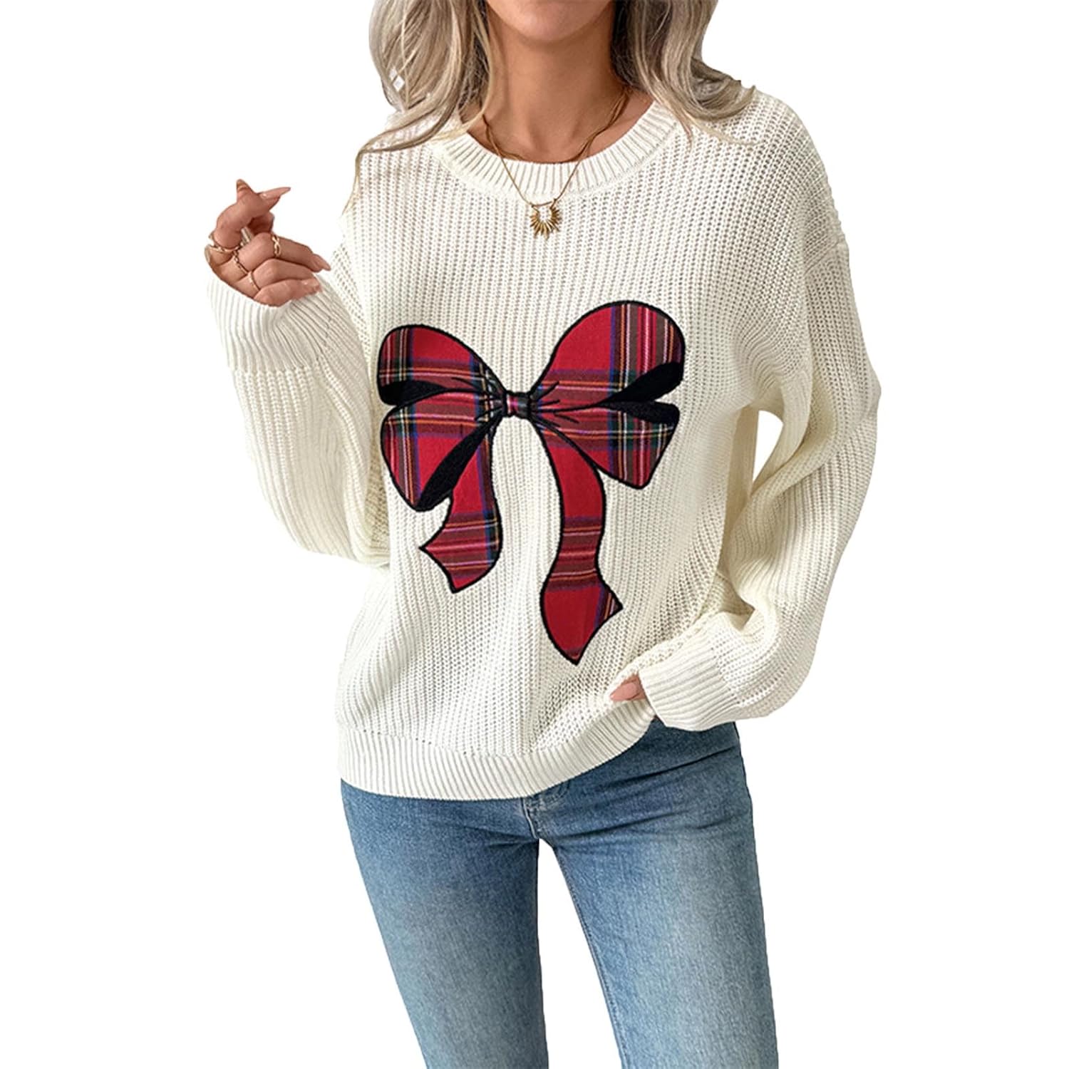 Womens Fall Sweater Long Sleeve Crewneck Cropped Cable Knit Sweaters Plus Size Cute Bow Loose Trendy Pullover Tops