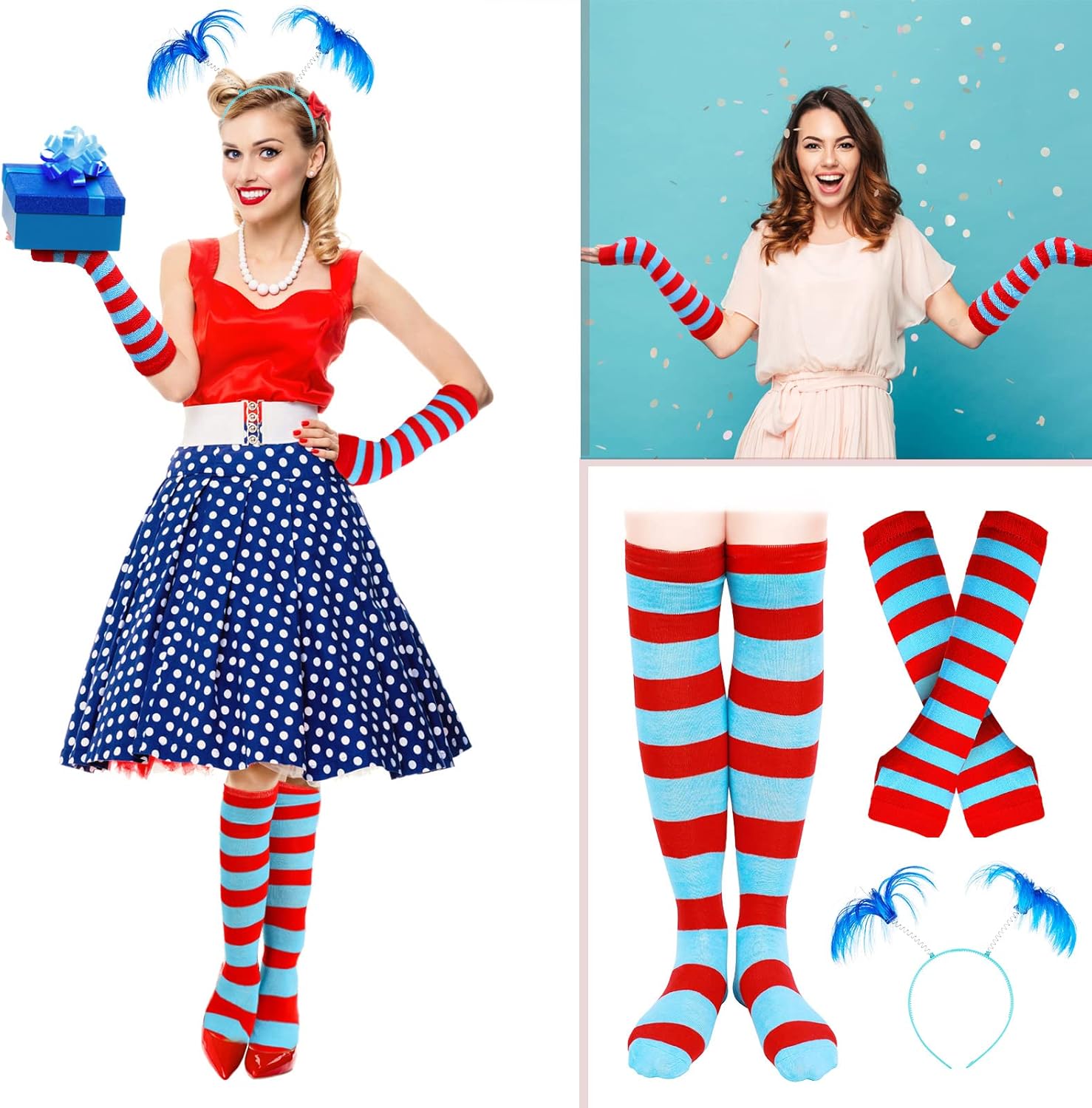 Red Blue Striped Knee Thigh High Socks and Arm Warmer Thumb Hole Gloves,Blue Feathers Headband Head Bopper Halloween Costume (2 Sets) : Clothing, Shoes & Jewelry