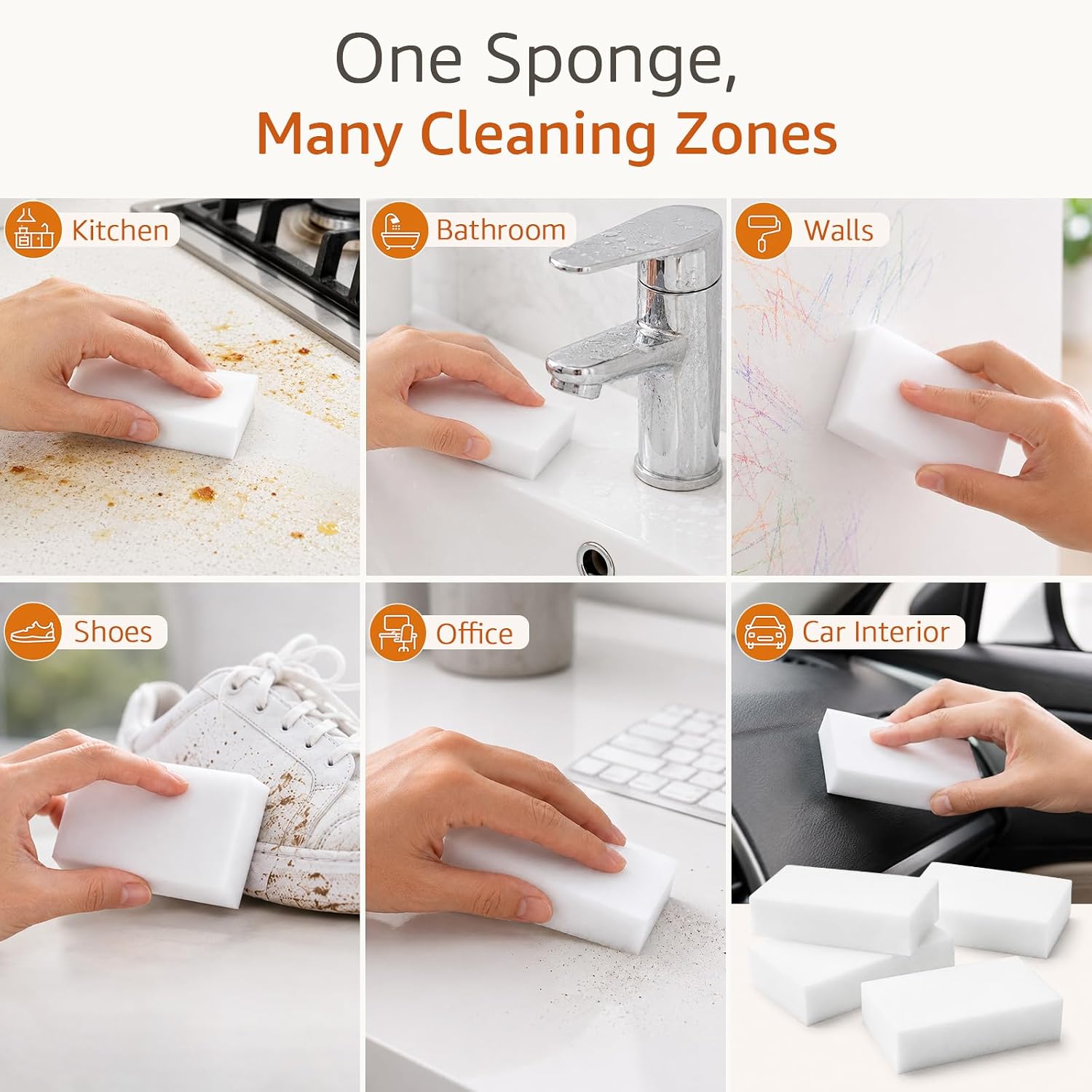 100 Pack Melamine Cleaning Sponge Pads Magic Foam Eraser Cleaner | Water activated scrub sponges for kitchen bathroom wall sink tile baseboard shoes car office home narrow spaces white