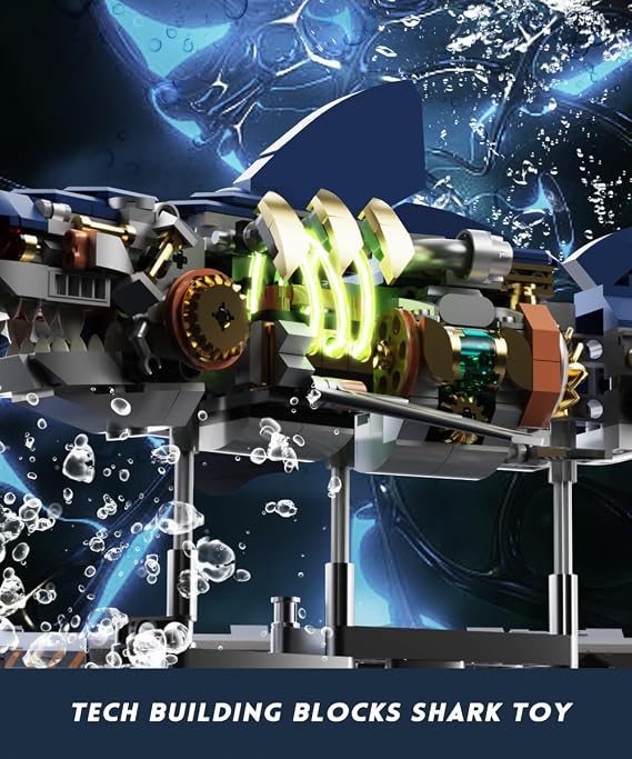 Mechanical Shark Building Set with Display Stand & Light, Ocean Model | Marine Animal with Linkage Function, for Adults, Ocean & Mechanical Enthusiasts. (Compatible with Legos)