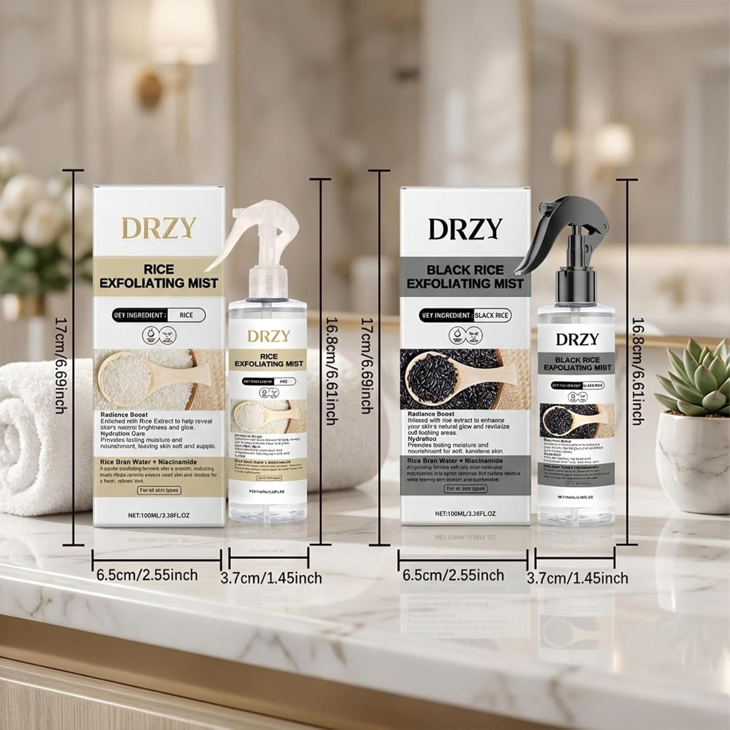 DRZY Rice & Black Rice Exfoliating Mist Set – Gentle Skin Renewal Pair with Rice Bran Water, Niacinamide & Hyaluronic Acid, Hydrating Face & Body Gift Collection 2×100ml