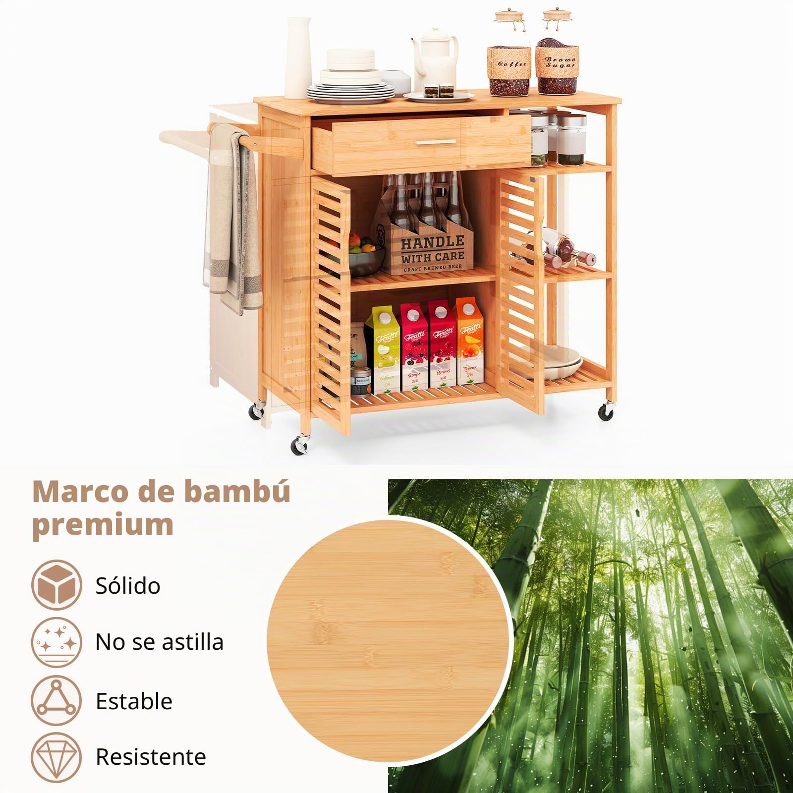 KOMFOTTEU Carrito de Cocina con Ruedas, Isla de Cocina de Bambú, Carro Auxiliar con Cajón, 3 Estantes Abiertos y Armario con 2 Puertas, Organizador Móvil para Comedor, 104 x 40 x 89 cm